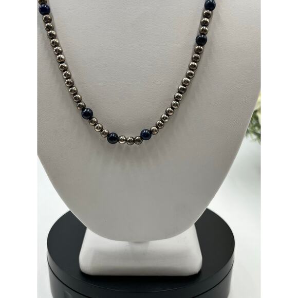 Dobbs Sterling Silver Vintage Ball and Lapis Lazuli 4-5mm Beaded Necklace 20” - Picture 2 of 12